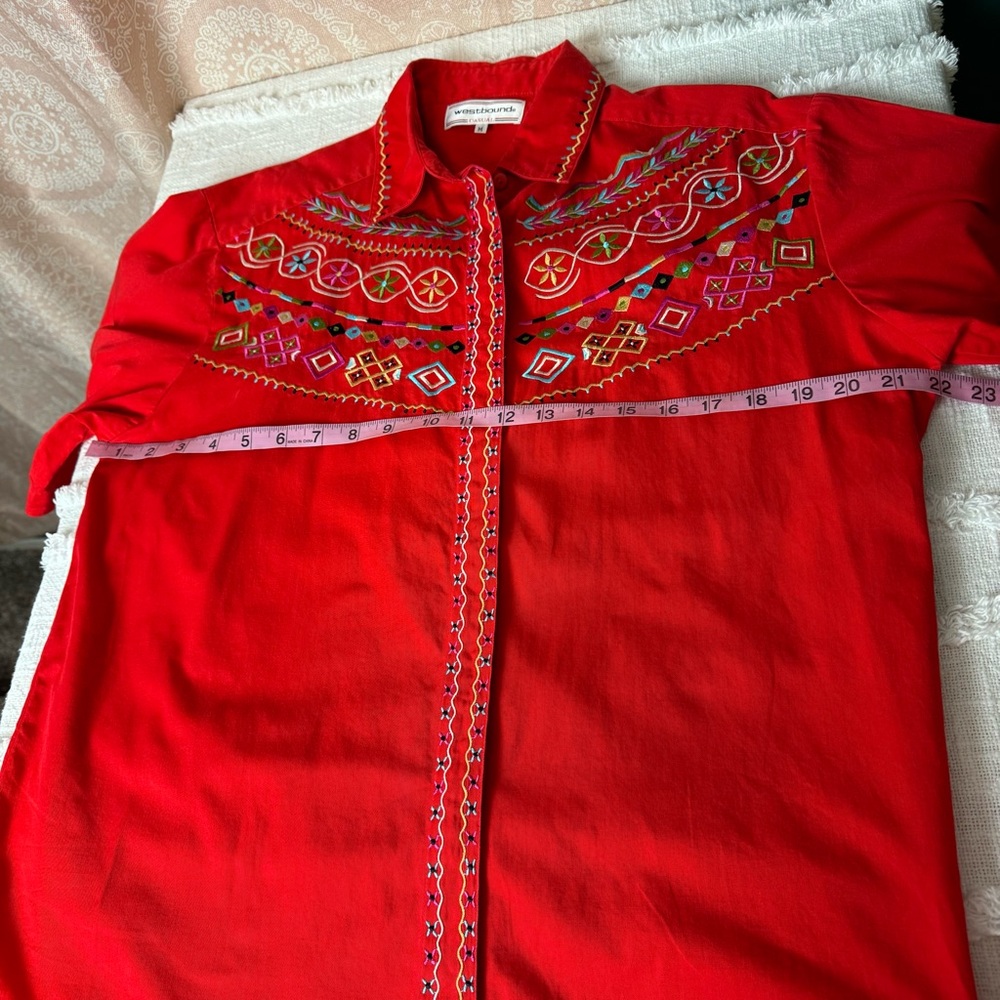 Westbound Vintage 90s Casual Vibrant Red Western Embroidered Cotton Shirt Size M - Picture 9 of 11